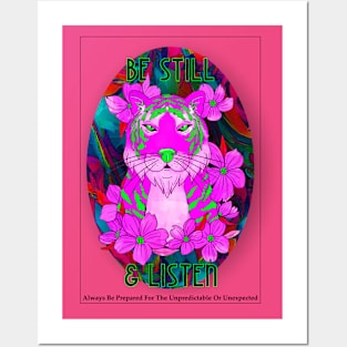 “Be Still & Listen” Neon Tiger Posters and Art